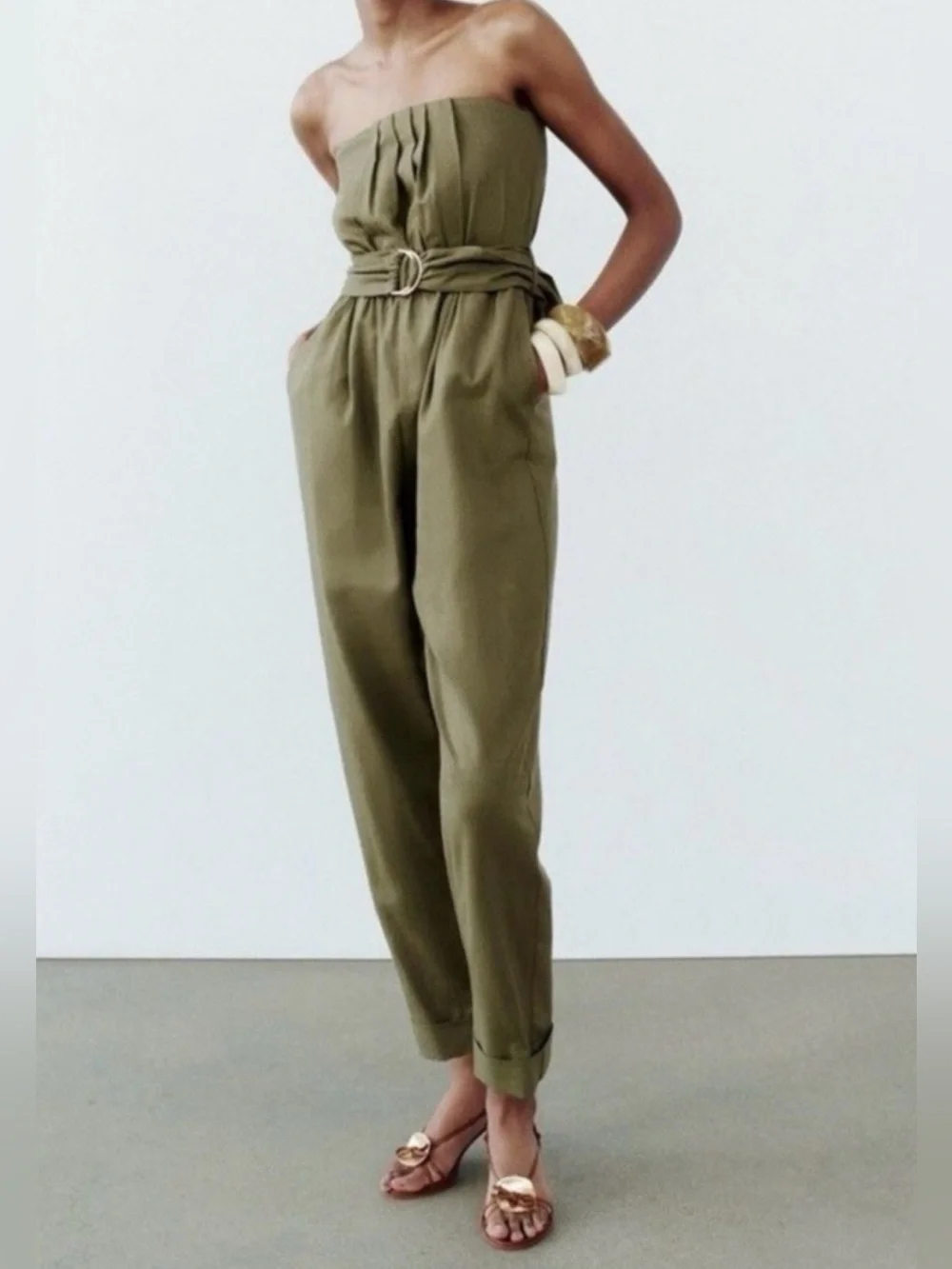 Zara Linen Blend Olive Green Belted Jumpsuit